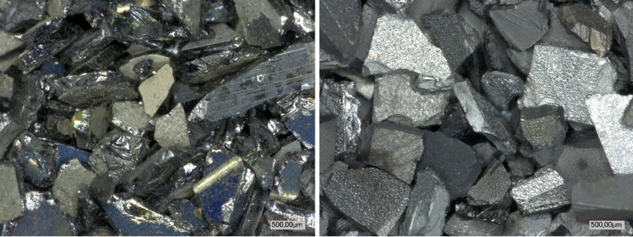 Links: aus PV-Modulen abgetrennter Solarzellbruch (Mikroskop); rechts: nasschemisch aufbereitetes Silizium aus Solarzellbruch (Mikroskop). 